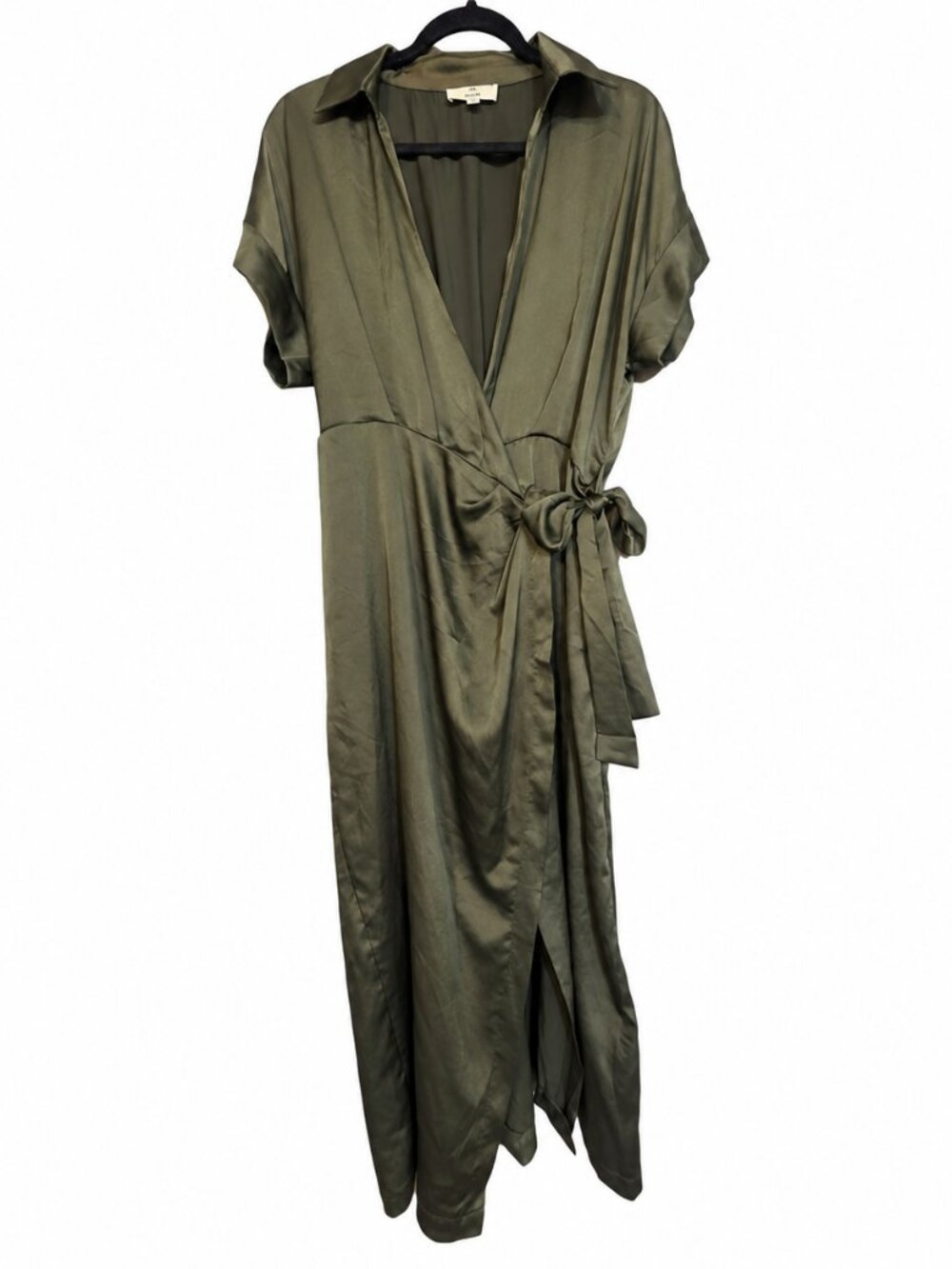 Entro Olive Green Satin Wrap-Style Maxi Dress - Size M